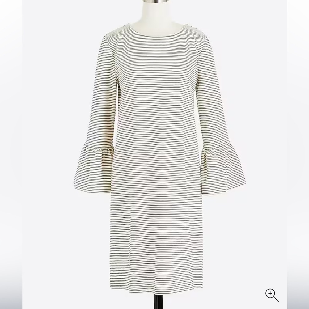 J. Crew Striped Ruffle Sleeve Shift Dress, Knee Length Black White Crew Neck, S